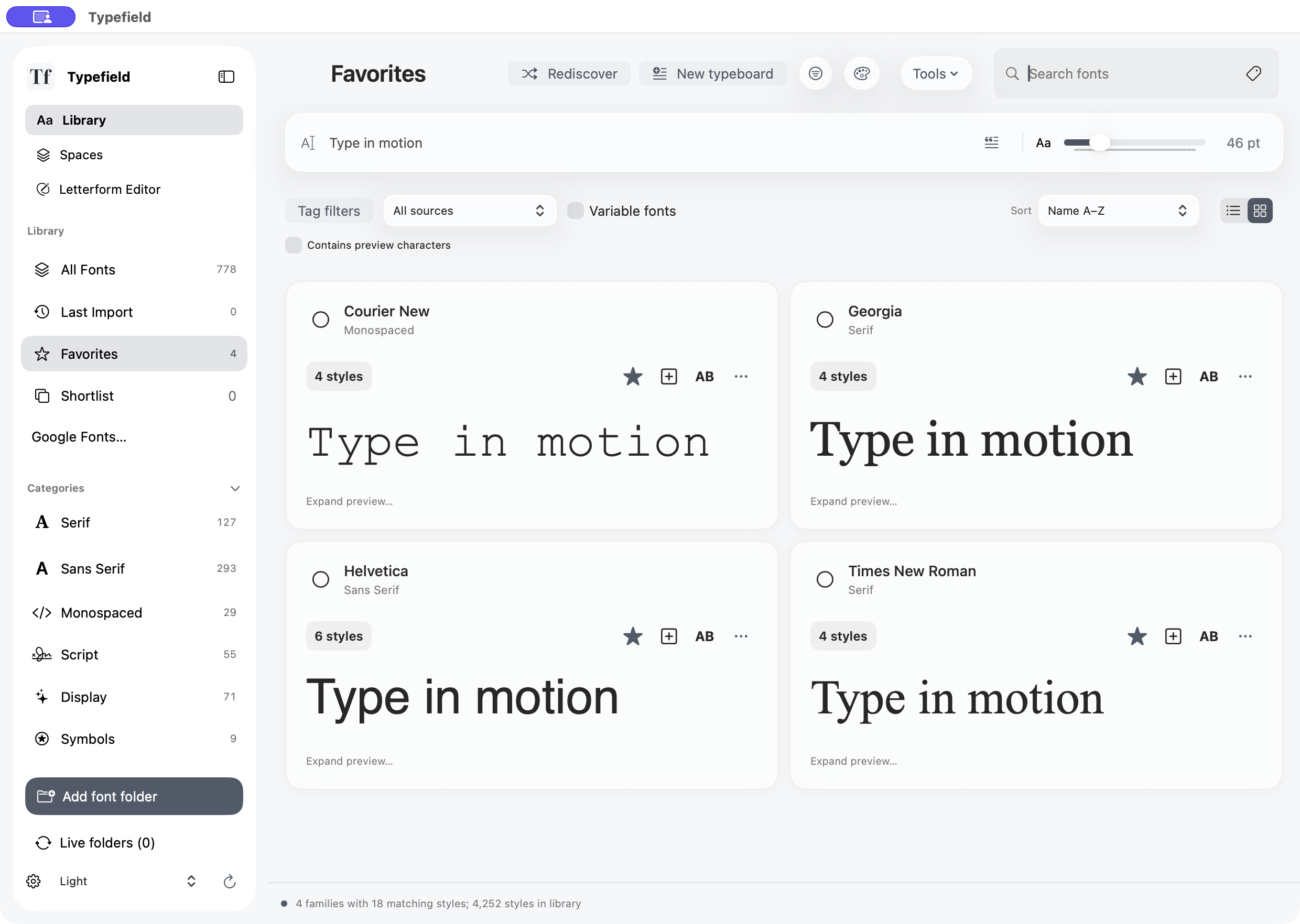 Typefield Library in Light mode comparing four font families with the same preview text